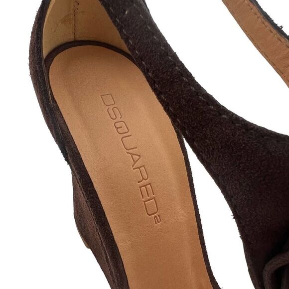 New DSQUARED2 Women US 10 Brown Suede High Heels Tassel T-Strap Wedge Sandals - Picture 11 of 17